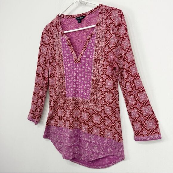 Lucky Brand Pink Red Boho Bandana Print Jersey Knit V Neck Pullover Festival Top - Picture 3 of 15